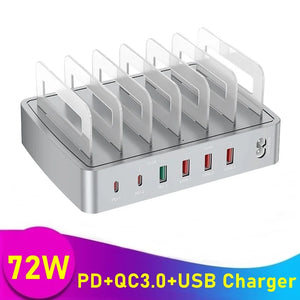 Universal 72W 6 Port Multi USB PD Charger Stand For IPhone 16 15 14 13 Carregador QC3.0 Fast Charger Station For Samsung Xiaomi