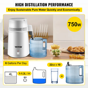 VEVOR 4L Water Distiller Purifier Filter Dispenser Heating Drinking Bottle Softener 304 Stainless Steel Home Appliance for Offic