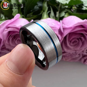 Black Tungsten Carbide Wedding Ring For 8MM Men And Women Blue Offset Groove Flat Band Brushed Finish Comfort Fit