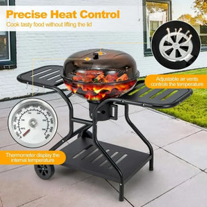 Garden Grill 22 Inch Charcoal BBQ Grill With Built-In Thermometer Wheels Side & Bottom Shelves Barbecue Brazier Camping Supplies