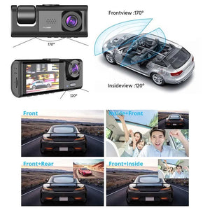 Dash Cam 1080P Car Video Recorder W/ IR Night Vision Loop Recording & 2" IPS Screen 1080P 3 Camera Black Box