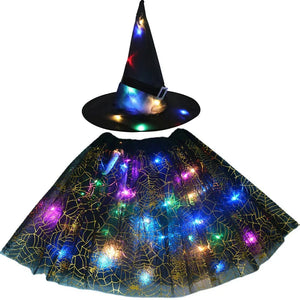 Women Girl Kids Glow Wizard Witch Hat Spider Web Cobweb Skirt Tutu Costume Party Led Clothes Birthday Gift Candy Bag Halloween