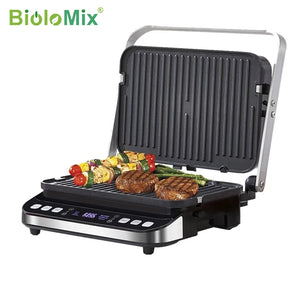 BioloMix 2000W Electric Contact Grill Digital Griddle and Panini Press, Optional Waffle Maker Plates, Opens 180 Degree Barbecue - Stereotech