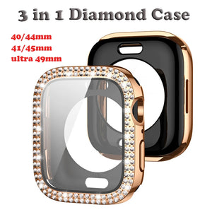 Diamond Case + Back cover For Apple Watch 7 8 45mm 41mm 49mm 44mm 40mm Glass Screen Protector Cover Bumper iWatch 4 5 SE 6 Ultra - Stereotech