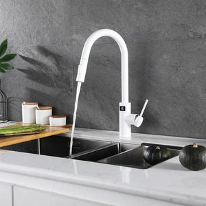 White Digital Kitchen Faucet LED Screen Hot Cold Touch Kitchen Mixer Tap Smart Pull Out Sensor Touch Digital Kitchen Faucets