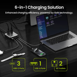 SHARGE 100W USB Charger 6 Ports GaN Desktop Charging Station Extension Cord 5ft for MacBook iPhone 15