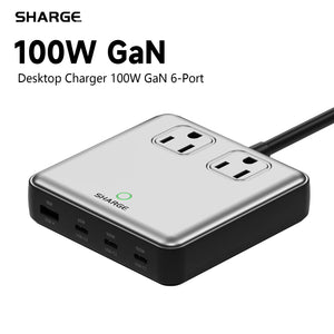 SHARGE 100W USB Charger 6 Ports GaN Desktop Charging Station Extension Cord 5ft for MacBook iPhone 15