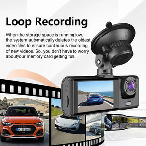 3 Channel DashCam 1080P FHD Car Camera, Front Rear Inside 3-Lens Car DVR Recorder, Equipped 2" IPS Screen Vehicle Camera