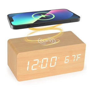 Voice Control Wooden Digital Alarm Clock Wireless Charging Temperature Date Night Mode Table Clock 3 Alarm 12/24H LED Clock