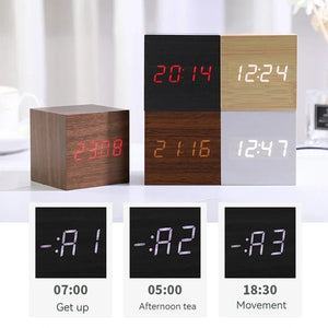 Wooden Digital Alarm Clock with Temperature Cube, Art Ornaments, Decoration Supplies, USB/AAA Powered, Electronic Desktop Clocks