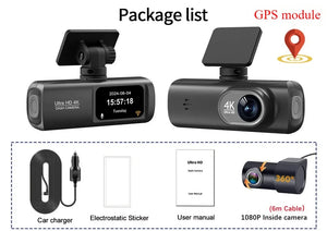 UHD 4K Dash Cam Dual Lens Driving Recorder Car DVR 1080P Rear Lens Camera Built-In WiFi GPSMonitoring 24-Hour Parking Black Box