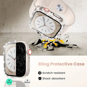 Diamond Glass+Cover For Apple Watch Case 45mm 41mm 40mm 44mm 42mm 38mm Bling Bumper+Screen Protector iwatch Series 9 8 7 3 6 SE - Stereotech