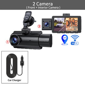 3 Channel Dash Cam Front Inside Rear Three Way Car Dash Camera, 2K+1080P Dual Channel With GPS WiFi IR Night Vision Camcorder