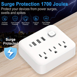 US Plug Conversion Socket With 3 AC Outlets, Surge Protection, 3 AC Outlets + 3 USB + 1 TYPE-C, With Individual Switches