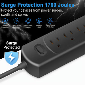 Surge Protector Power Strip, 1700J, 5 Wide-spaced Outlets, Flat Plug, 4-feet Extension Cord, Essential For Home, Office, Dorm, Black