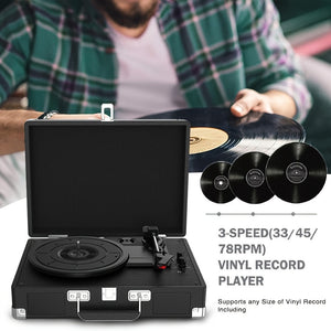 CA-Portable Vinyl Record Player C210, With 2 Stereo Speakers(3W Each), Wireless 3-Speed 33/45/78RPM, Support Headphone Jack/USB/AUX-IN/RCA-Out