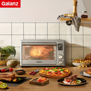 Galanz Air Fryer Toaster Oven Combo Digital Fry Rotisserie Combo 5-in-1 Convection Oven Countertop 6 Slice Toaster With Pizza Dehydrate Oil-Free 4 Accessories Included 1800W 26 Quart Large Stainless Steel 7.93gal 2 Knobs