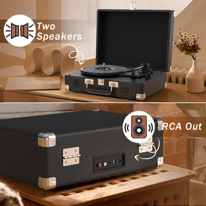 CA-Portable Vinyl Record Player C210, With 2 Stereo Speakers(3W Each), Wireless 3-Speed 33/45/78RPM, Support Headphone Jack/USB/AUX-IN/RCA-Out