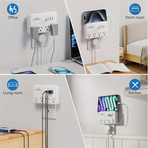 1080J Surge Protector Multi-Plug Outlet Extender – NEWBOSLI 3-Prong Wall Adapter With 4 AC Outlets & 4 USB Ports (1 USB-C), Power Strip With Phone Holder, Ideal For Offices, Hotels, Bathrooms, And Living Rooms