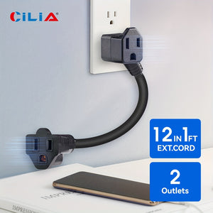 1/2pcs 12 Inch (about 30.5cm) Heavy Duty Extension Cable With 2 AC Charging Ports Small Extension Cable Socket Protector Suitable For Home, Office, Industrial