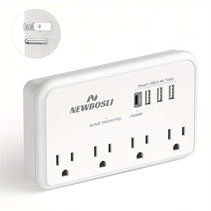 1080J Surge Protector Multi-Plug Outlet Extender – NEWBOSLI 3-Prong Wall Adapter With 4 AC Outlets & 4 USB Ports (1 USB-C), Power Strip With Phone Holder, Ideal For Offices, Hotels, Bathrooms, And Living Rooms