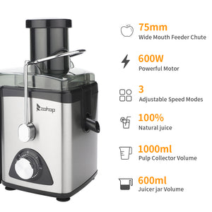 120V 600W 75MM Caliber 1000ML Slag Cup 3 Gear Electric Juicer