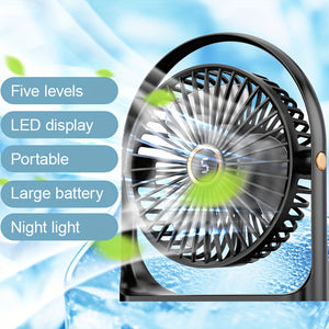 Portable LED Desk Fan with Night Light, 5-Speed Mini USB Table Fan, 360° Adjustable Tower Fan, LED Display, USB Charging, 1200mAh Rechargeable Lithium Battery for Home, Desktop & Office Use