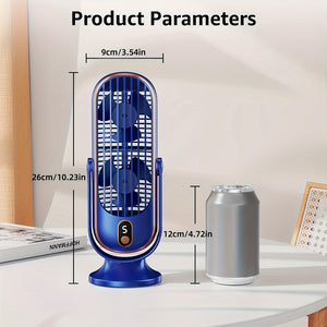 USB Rechargeable Tower Fan - Summer Air Circulation Desk Fan for Home Office with Strong Wind Cooling, LED Display, Five Speed Regulation, Long Life and Portable Design Suitable for Fishing, Camping, Travel, Bedroom, and Offi