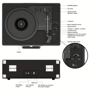 CA-Portable Vinyl Record Player C210, With 2 Stereo Speakers(3W Each), Wireless 3-Speed 33/45/78RPM, Support Headphone Jack/USB/AUX-IN/RCA-Out